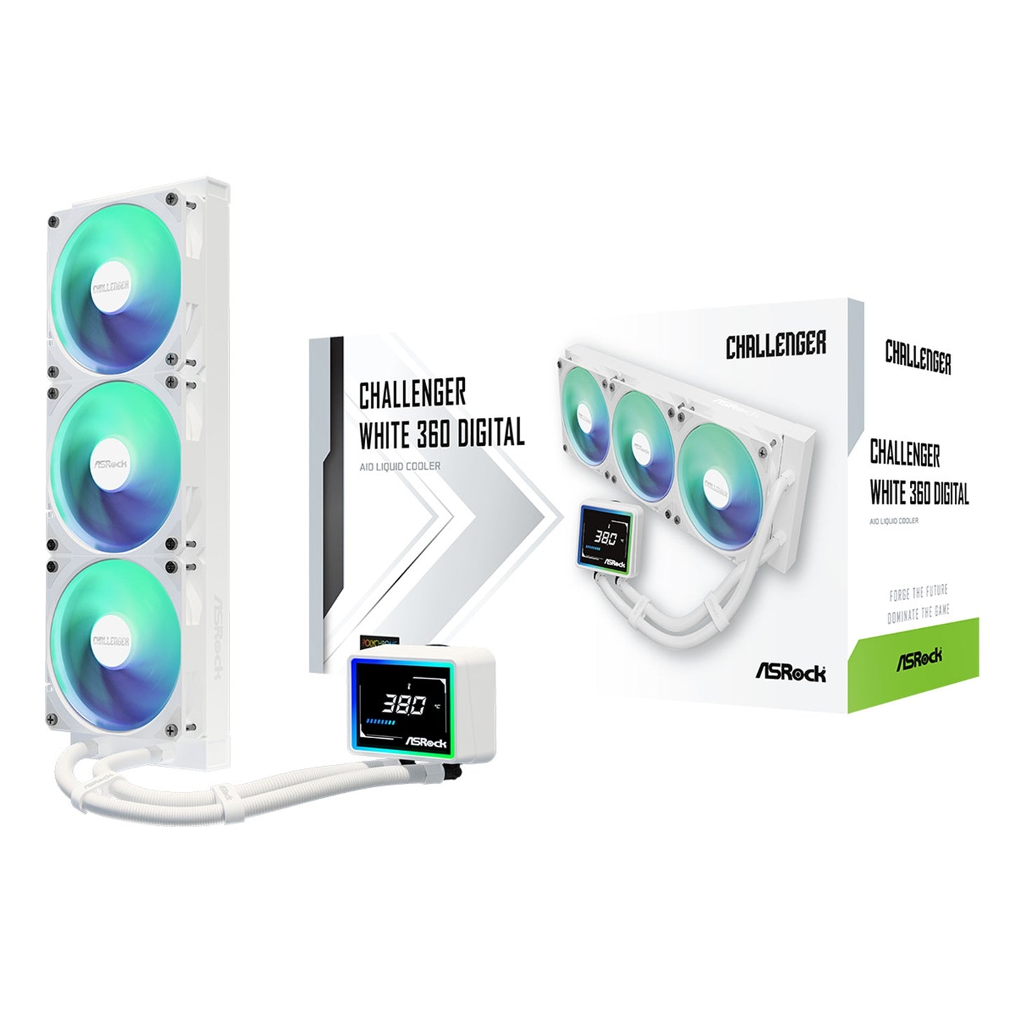 ASRock Challenger 360 Digital White AIO Liquid CPU Cooler, 360mm Radiator, Triple 120mm PWM ARGB Fans, 3? Digital Display, Intel LGA1700/1851 & AMD AM5/AM4 Compatible