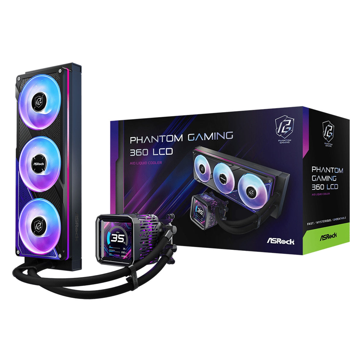 ASRock Phantom Gaming 360 LCD AIO Liquid CPU Cooler, 360mm Radiator, Triple 120mm PWM ARGB Fans, LCD Display, Intel LGA1700/1851 & AMD AM5/AM4 Compatible