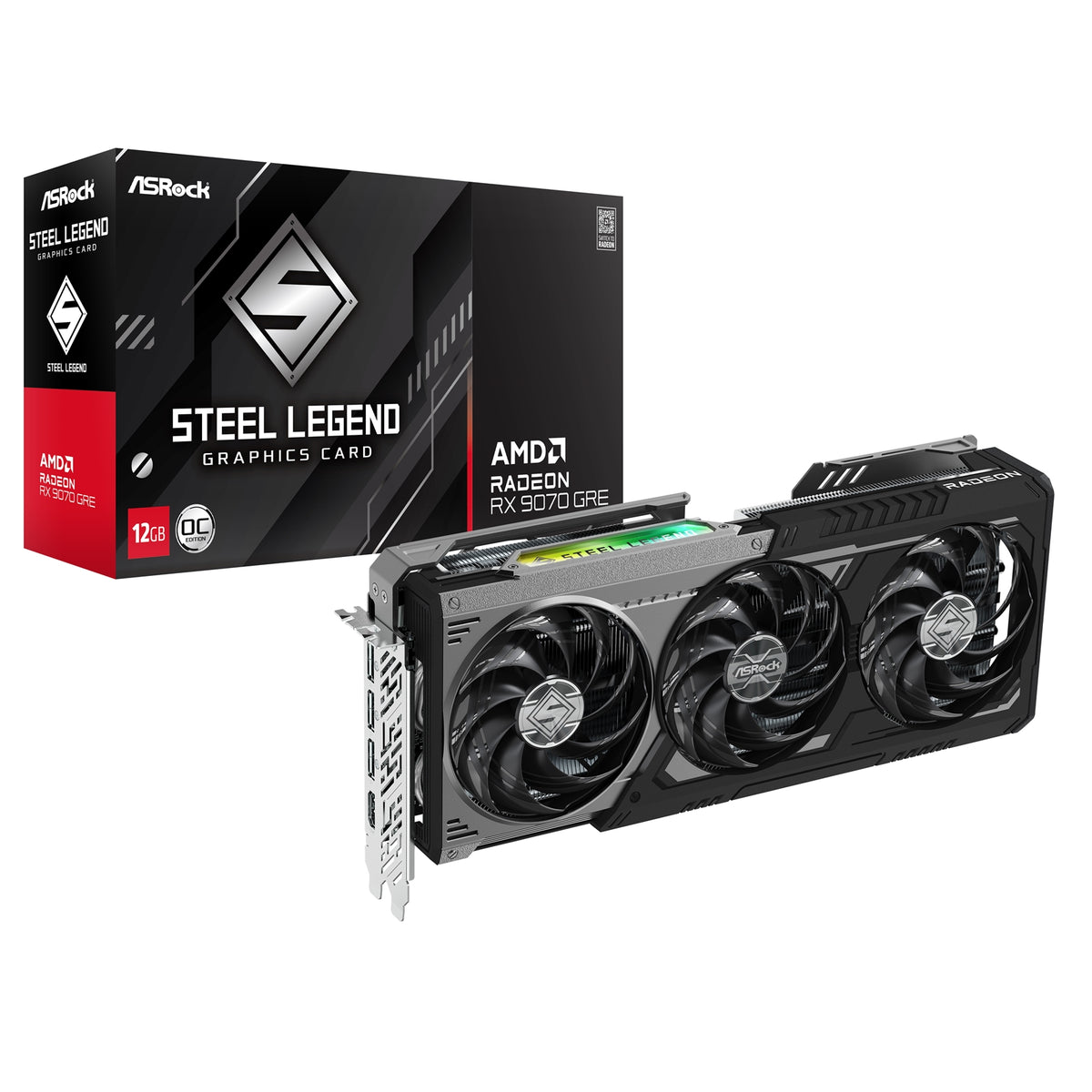 ASRock AMD Radeon RX 9070 GRE Steel Legend Dark OC 12GB GDDR6 Graphics Card, 3072 Streams, 2340 MHz Core Clock, Triple Fan, 3x DisplayPorts / 1x HDMI Port
