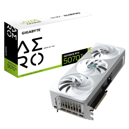 Gigabyte NVIDIA GeForce RTX 5070 Ti AERO OC 16GB GDDR7 Graphics Card, 8960 CUDA Cores, 2588 MHz Core Clock, Triple Fan, White, RGB, 3x DisplayPorts / 1x HDMI Port