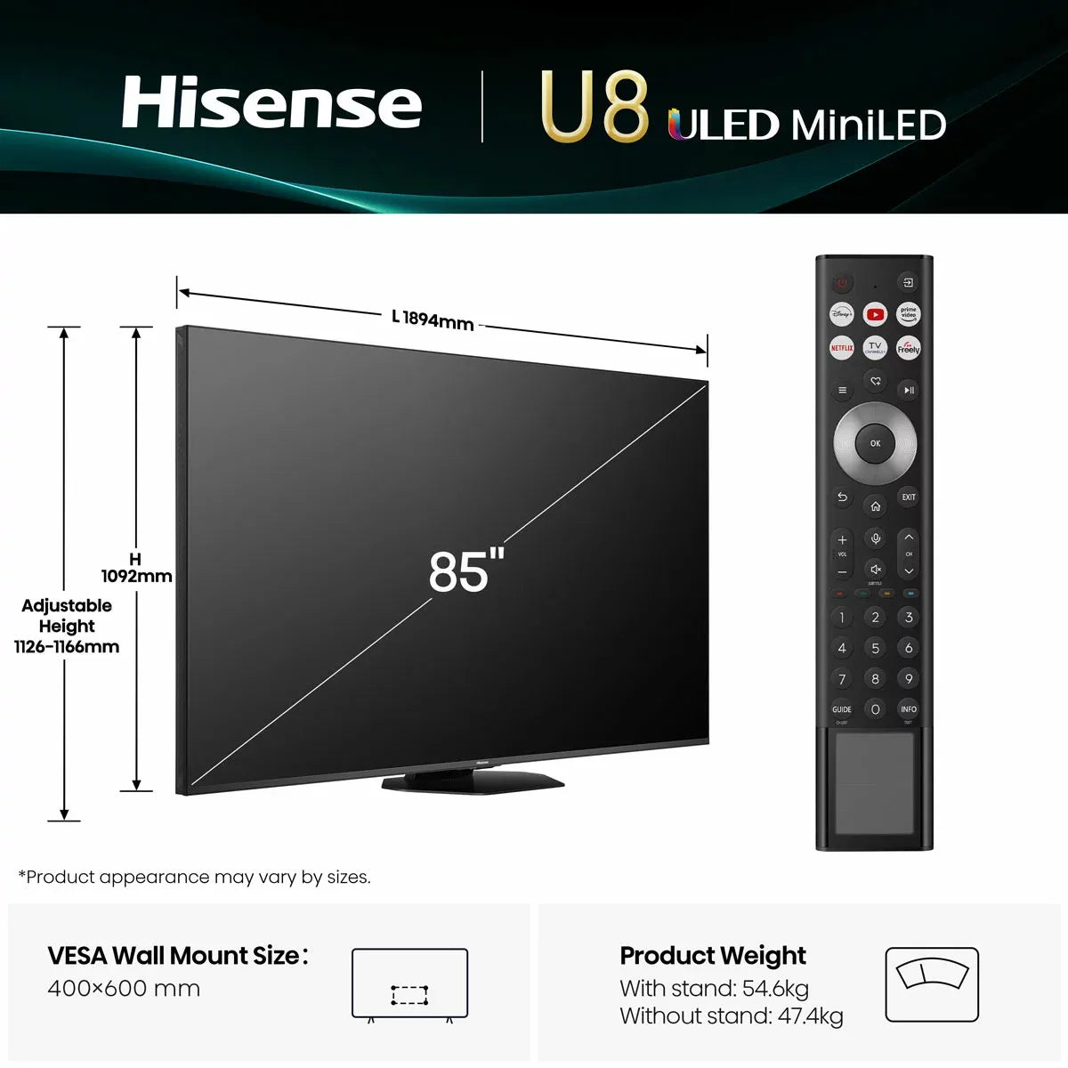 Hisense 85U8QTUK 85 Inch Mini LED HD Smart TV