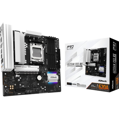 ASRock A620AM PRO RS AMD Socket AM5 Motherboard, 4 x DDR5 DIMM Slots, 1 x M.2 Socket (Key E), 2 x USB 3.2 Type-C, 2.5G LAN, 1 x HDMI Port/ 1 x Display Port 