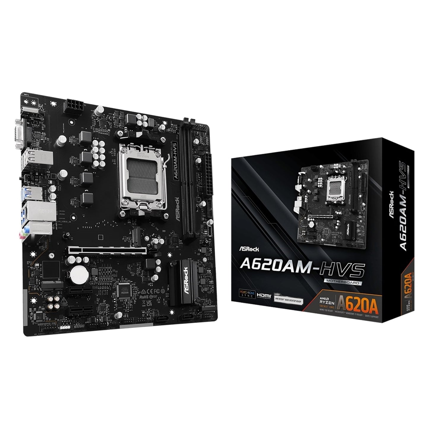 ASRock A620AM-HVS  AMD AM5 Socket Motherboard, Micro-ATX, 2x DDR5 Slots, 1x M.2 Socket, GbE LAN, 1x D-Sub / 1x HDMI Port