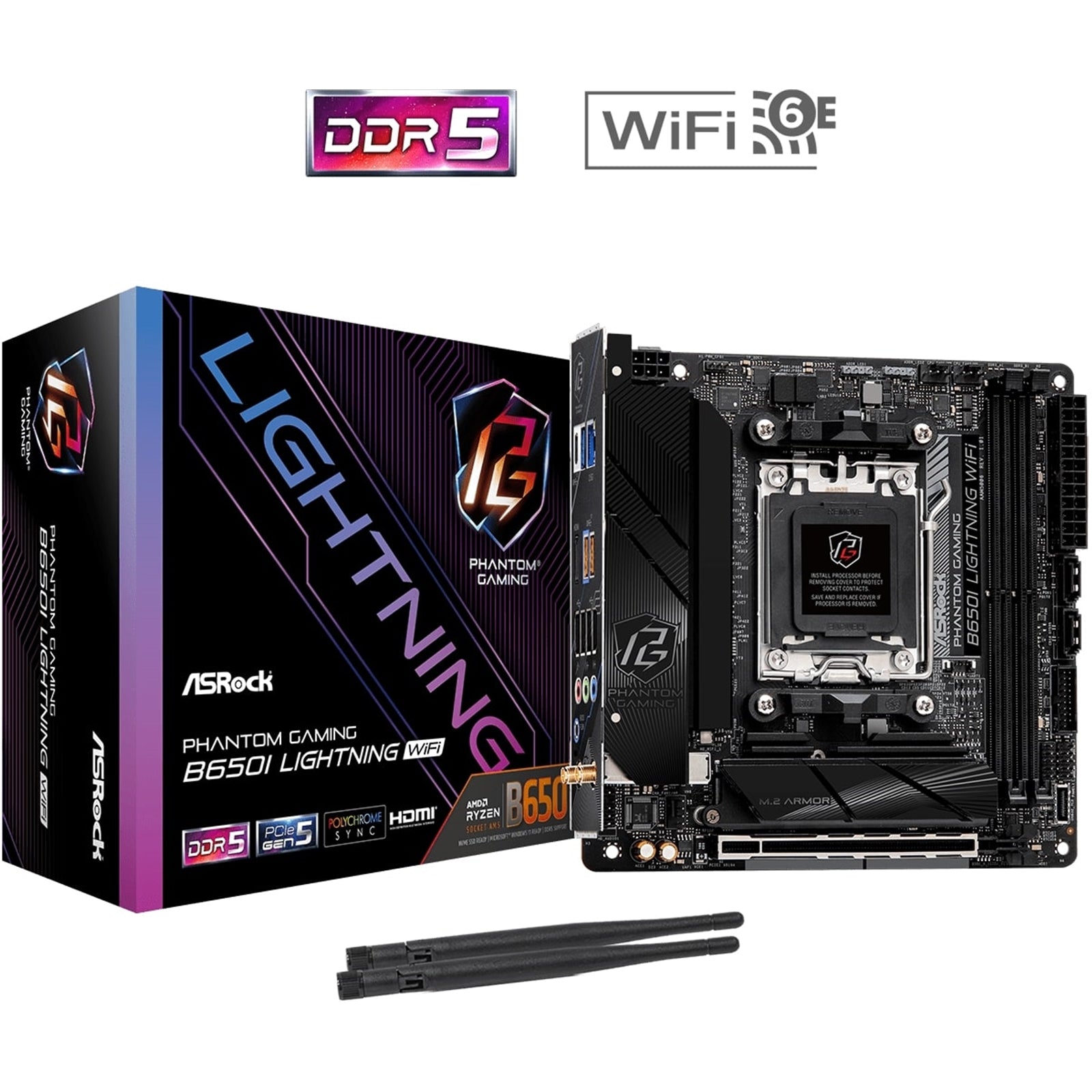 ASRock B650I LIGHTNING WIFI AMD AM5 Socket Motherboard, Mini-ITX, 2x DDR5 Slots, 2x M.2 Socket, Fitted I/O Shield, 2.5GbE LAN, Wi-Fi 6E, 1x HDMI Port