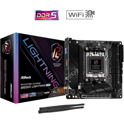 ASRock B650I LIGHTNING WIFI AMD AM5 Socket Motherboard, Mini-ITX, 2x DDR5 Slots, 2x M.2 Socket, Fitted I/O Shield, 2.5GbE LAN, Wi-Fi 6E, 1x HDMI Port