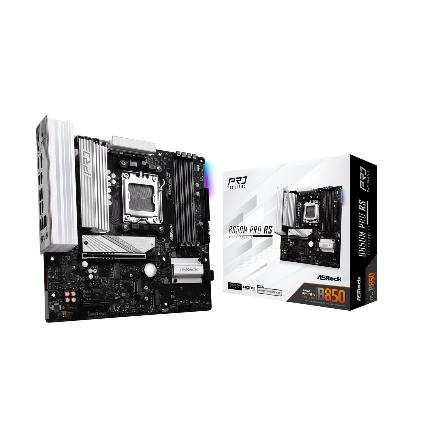 ASRock B850M Pro RS AMD AM5 Socket Motherboard, Micro-ATX, 4x DDR5 Slots, 3x M.2 Sockets, Fitted I/O Shield, 2.5GbE LAN, 1x DisplayPort / 1x HDMI Port