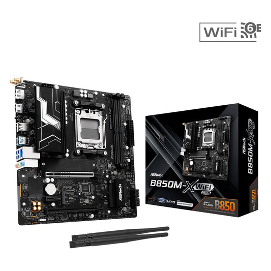 ASRock B850M-X WiFi AMD AM5 Socket Motherboard, Micro-ATX, 2x DDR5 Slots, 2x M.2 Sockets, 1x USB-C Port, 2.5GbE LAN, Wi-Fi 6E, 1x DisplayPort / 1x HDMI Port