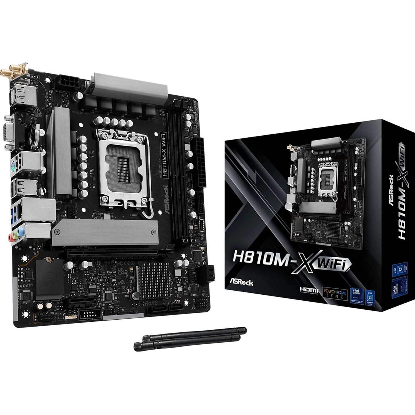 ASRock H810M-X WIFI Intel Socket 1851 Motherboard, 2 x DDR5 DIMM Slots, 1 x M.2 Socket (Key E), 1 x USB 3.2 Type-C, 2.5G LAN, 802.11ac Wi-Fi Module, 1 x HDMI Port/ 1 x Display Port