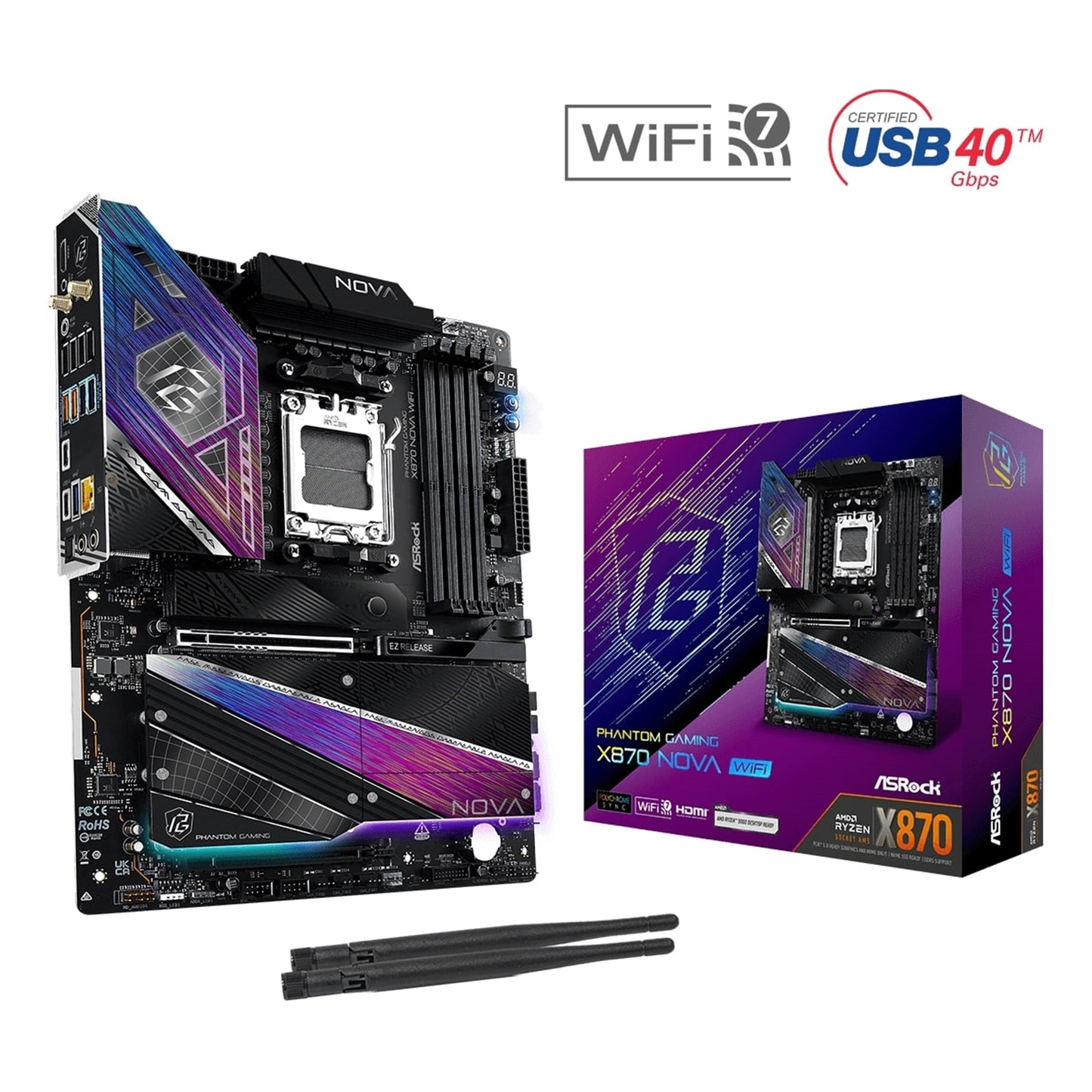 Asrock PHANTOM GAMING X870 Nova WiFi AMD Socket AM5 Motherboard, 4 x DDR5 DIMM Slots, 1 x Vertical M.2 Socket, 2 x USB4 Type-C, 5G LAN, 802.11be Wi-Fi 7 Module, 1 x HDMI Port