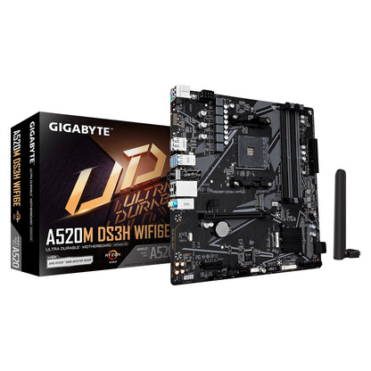 Gigabyte A520M DS3H WIFI6E AMD AM4 Socket Motherboard, Micro-ATX, 4x DDR4 Slots, 1x M.2 Socket, GbE LAN, Wi-Fi 6E, 1x DisplayPort / 1x HDMI Port