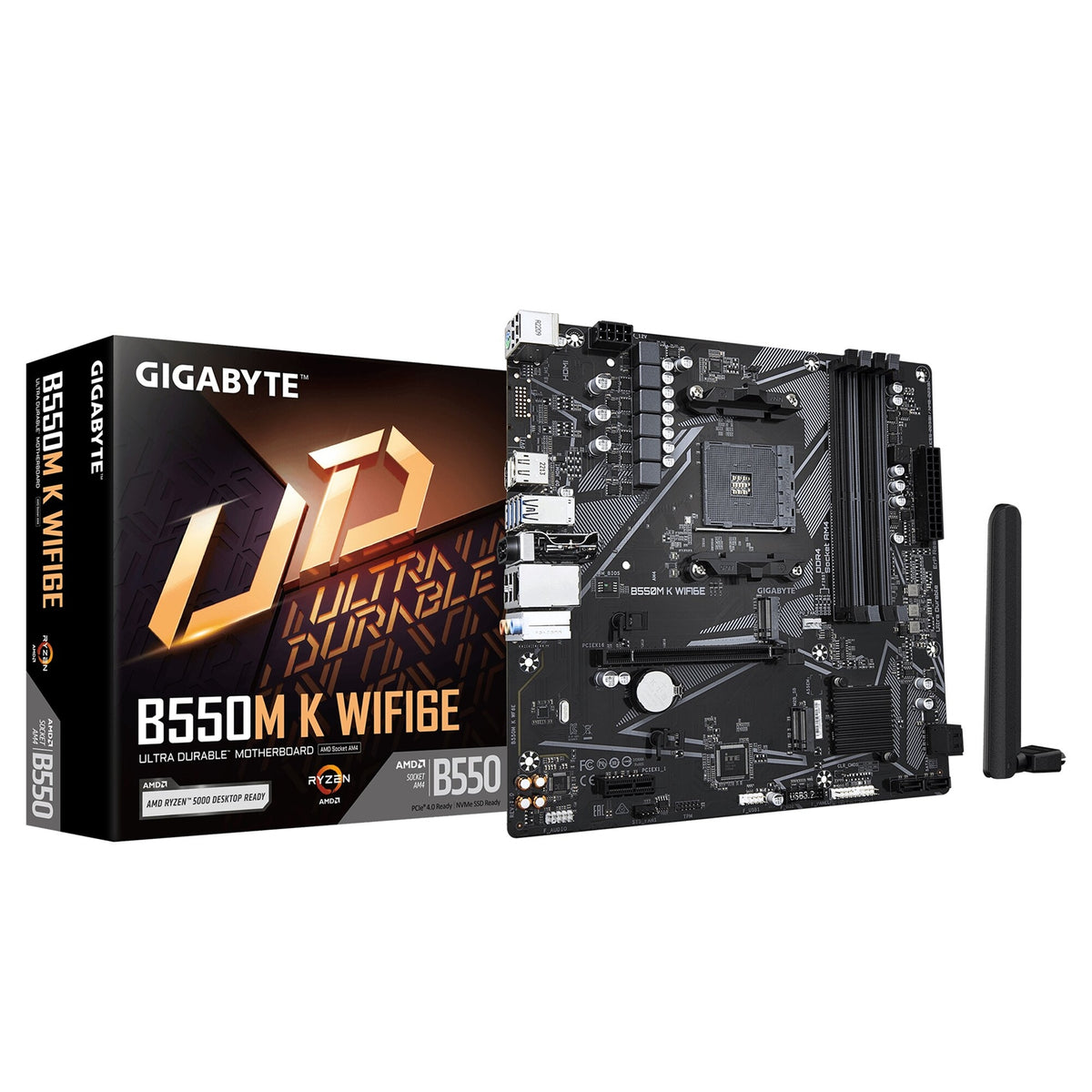 Gigabyte B550M K WIFI6E AMD AM4 Socket Motherboard, Micro-ATX, 4x DDR4 Slots, 2x M.2 Socket, GbE LAN, Wi-Fi 6E, 1x DisplayPort / 1x HDMI Port