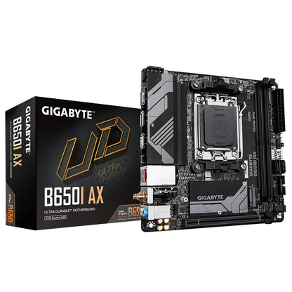 Gigabyte B650I AX Ultra Durable AMD AM5 Socket Motherboard, Mini-ITX, 2x DDR5 Slots, 1x M.2 Socket, 2.5GbE LAN, Wi-Fi 6E, 1x DisplayPort / 1x HDMI Port