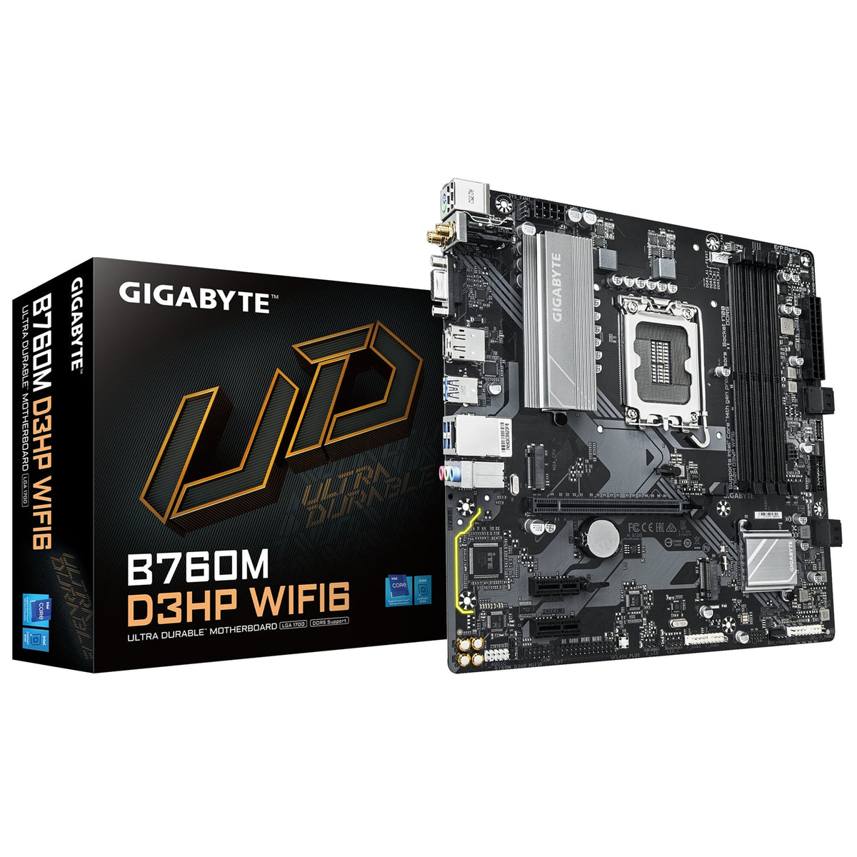 Gigabyte B760M D3HP WIFI6 Intel 1700 Socket Motherboard, Micro-ATX, 4x DDR5 Slots, 2x M.2 Sockets, GbE LAN, Wi-Fi 6, 1x D-Sub / 1x DisplayPort / 1x HDMI Port