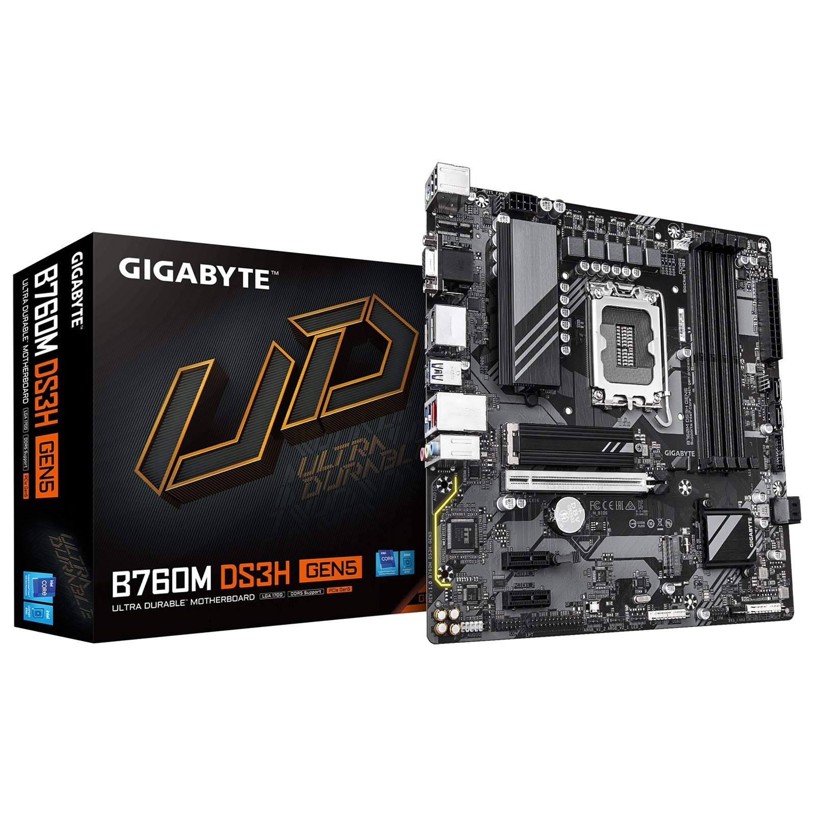 Gigabyte B760M DS3H GEN5 Intel Socket 1700 Motherboard, Micro ATX, 4x DDR5 Slots, 2x M.2 Sockets, 1x USB-C Port, 2.5GbE LAN, 1x D-Sub / 1x DisplayPort / 1x HDMI Port