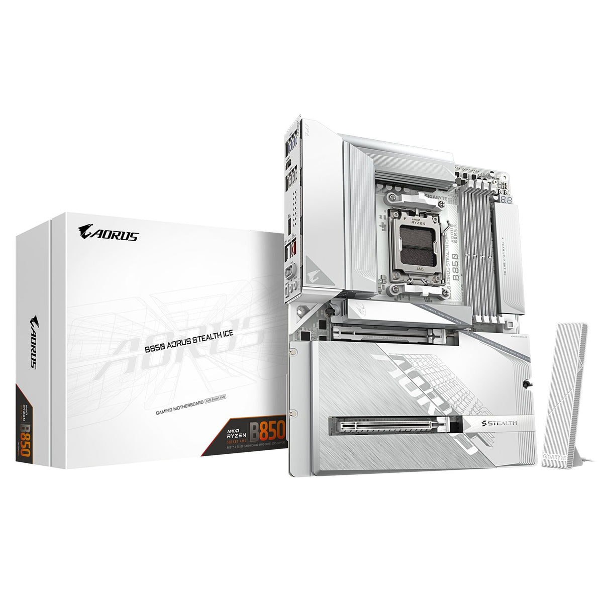 Gigabyte B850 AORUS STEALTH ICE AMD AM5 Socket Motherboard, ATX, 4x DDR5 Slots, 3x M.2 Socket, Fitted I/O Shield, 5GbE LAN, Wi-Fi 7, 1x HDMI Port