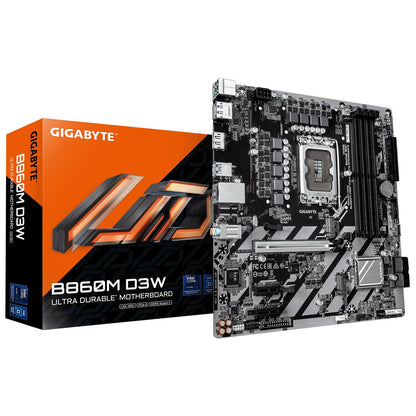 Gigabyte B860M D3W Intel 1851 Socket Motherboard, Micro-ATX, 4x DDR5 Slots, 2x M.2 Sockets, GbE LAN, 2x DisplayPorts / 1x HDMI Port