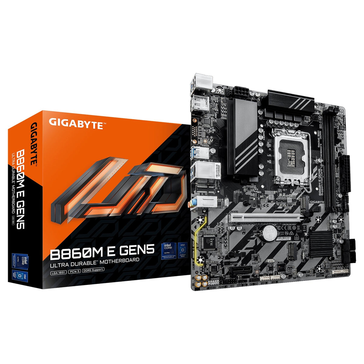 Gigabyte B860M E GEN5 Intel 1851 Socket Motherboard, Micro-ATX, 2x DDR5 Slots, 2x M.2 Sockets, GbE LAN, 1x DisplayPort / 1x HDMI Port