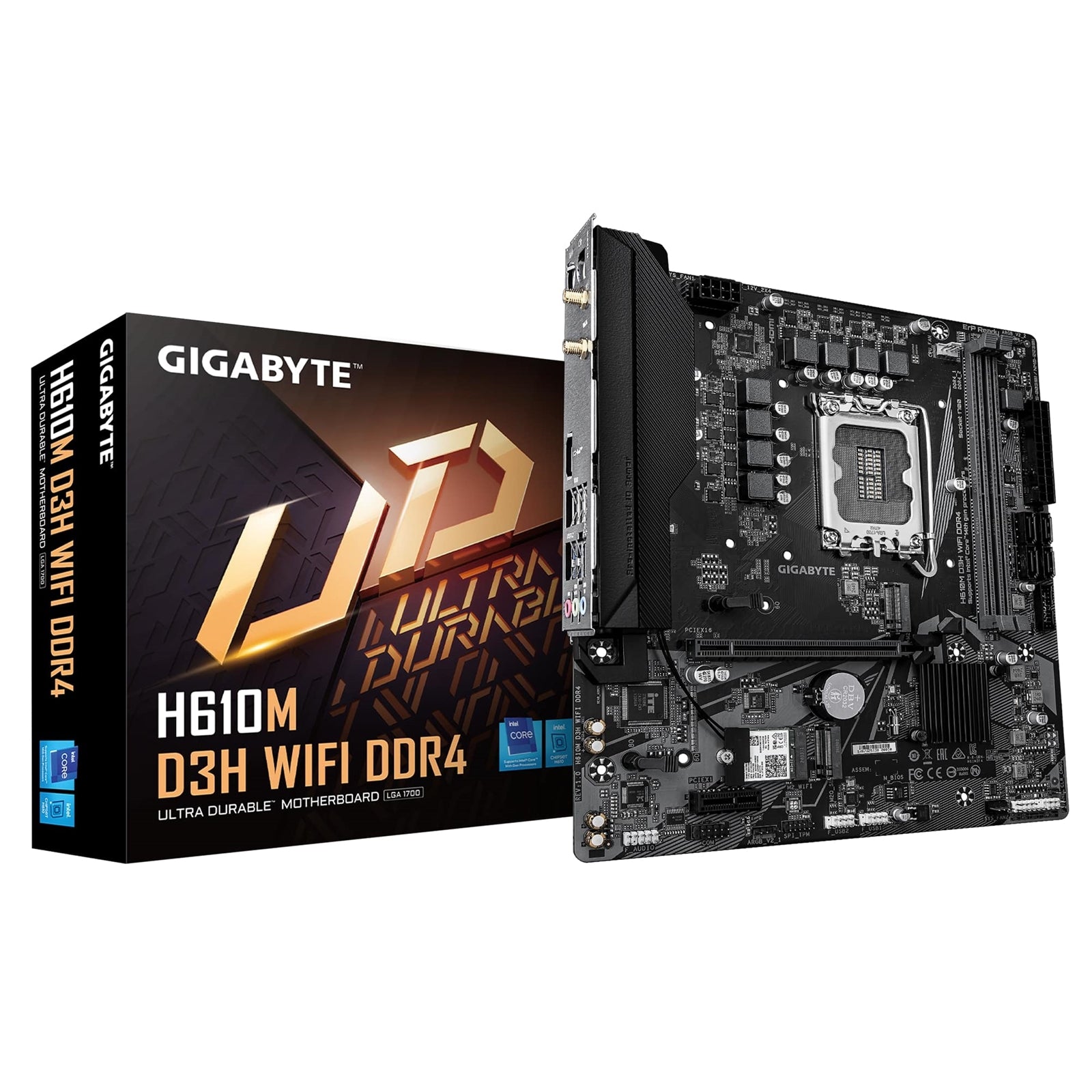 Gigabyte H610M D3H WIFI DDR4 Intel 1700 Socket Motherboard, Micro-ATX, 2x DDR4 Slots, 2x M.2 Socket, GbE LAN, Wi-Fi 5, 1x HDMI Port