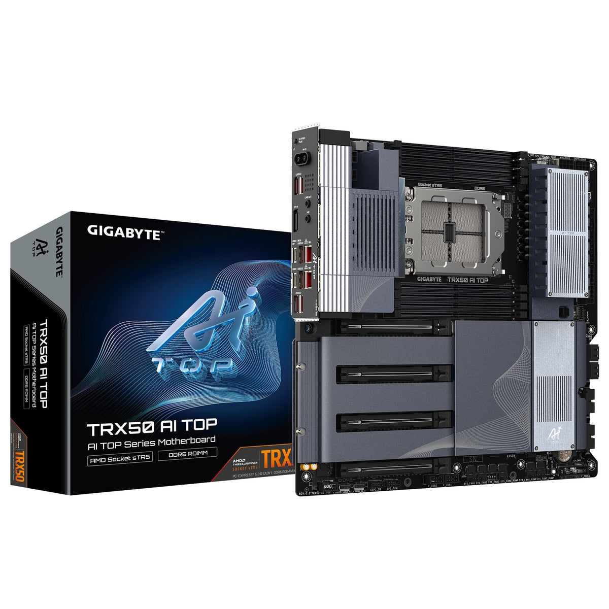 Gigabyte TRX50 AI TOP AMD sTR5 Socket Motherboard, E-ATX, 8x DDR5 Slots, 4x M.2 Sockets, Fitted I/O Shield, 2x 10GbE LAN, Wi-Fi 7, 1x DisplayPort / 1x USB-C (USB4)