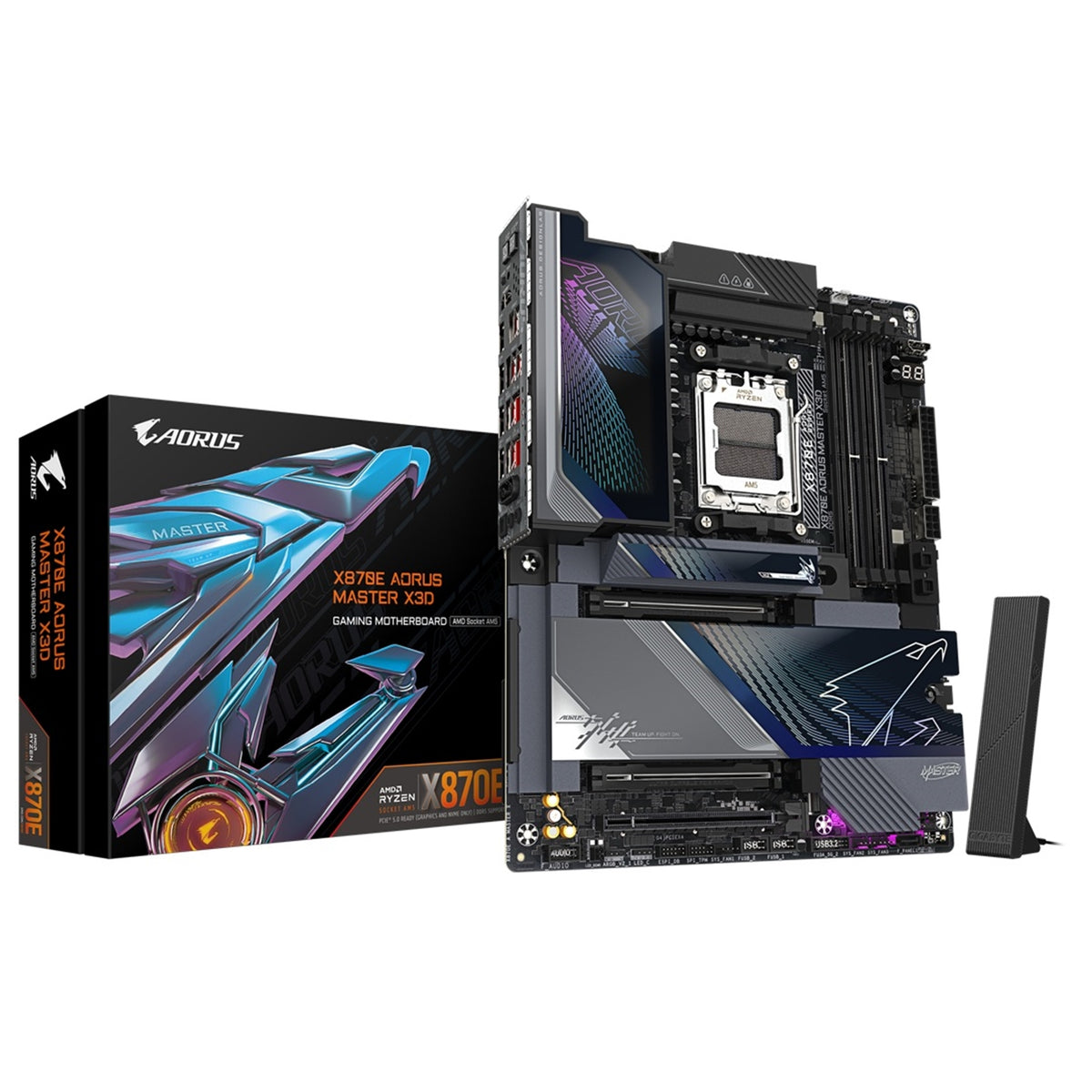 Gigabyte X870E AORUS MASTER X3D AMD AM5 Socket Motherboard, ATX, 4x DDR5 Slots, 5x M.2 Sockets, Fitted I/O Shield, 10GbE LAN, Wi-Fi 7, 1x HDMI Port / 2x USB-C (USB4)