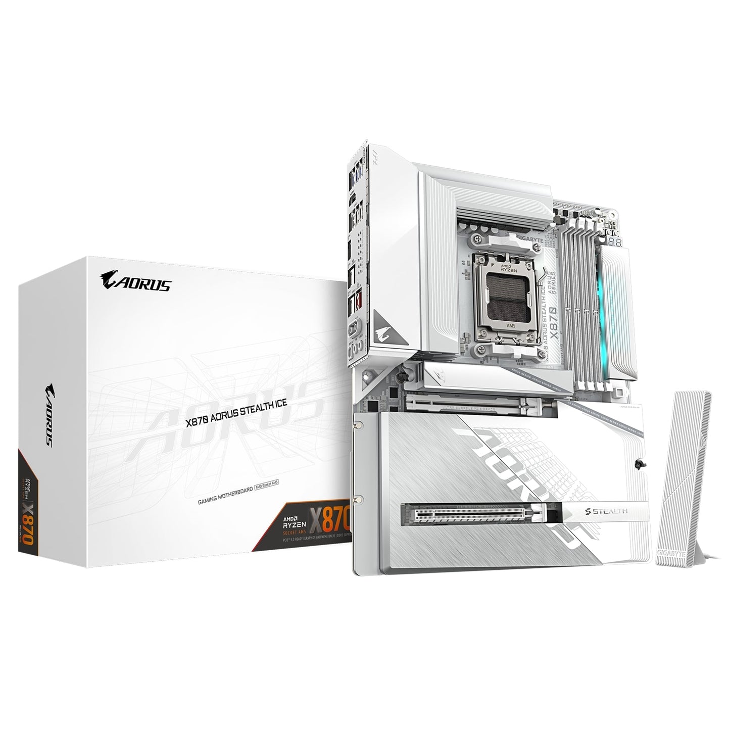 Gigabyte X870 AORUS STEALTH ICE AMD5 Socket Motherboard, ATX, 4x DDR5 Slots, 2x M.2 Socket, 5GbE LAN,  1x HDMI Port