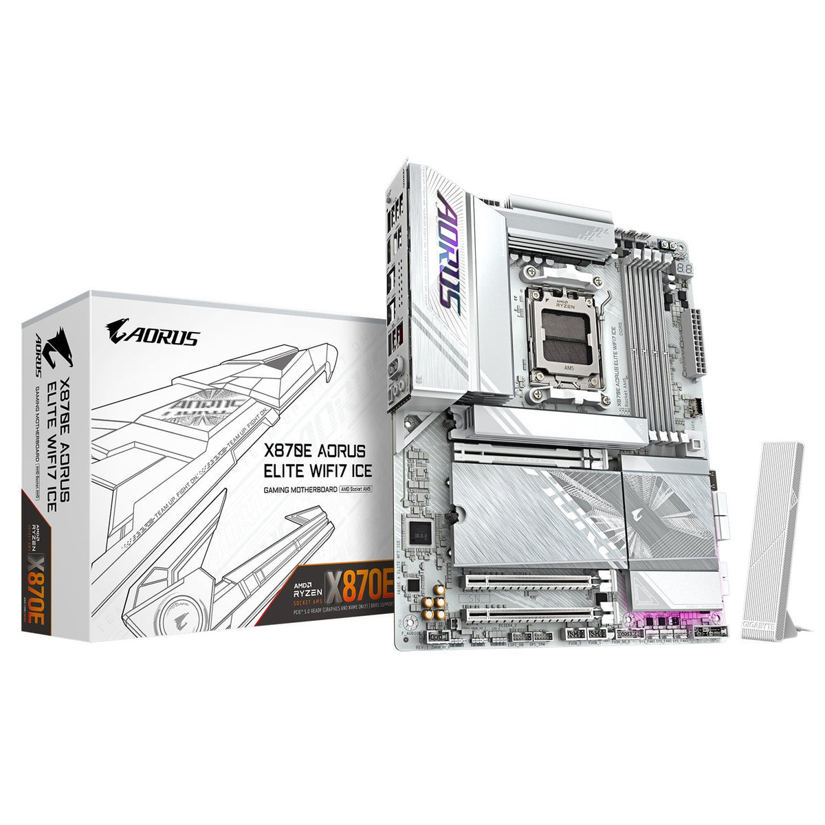 Gigabyte X870E AORUS ELITE WIFI7 ICE AMD AM5 Socket Motherboard, ATX, 4x DDR5 Slots, 4x M.2 Sockets, Fitted I/O Shield, 2.5GbE LAN, Wi-Fi 7, 1x HDMI Port / 2x USB-C (USB4)