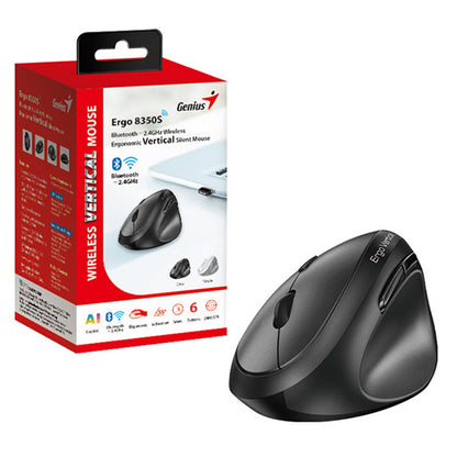 Genius Ergo 8350S Wireless Ergonomic Vertical Mouse, Blutooth & 2.4 GHz, Adjustable DPI levels up to 2400 DPI, 5 Button with Scroll Wheel, Dark Grey