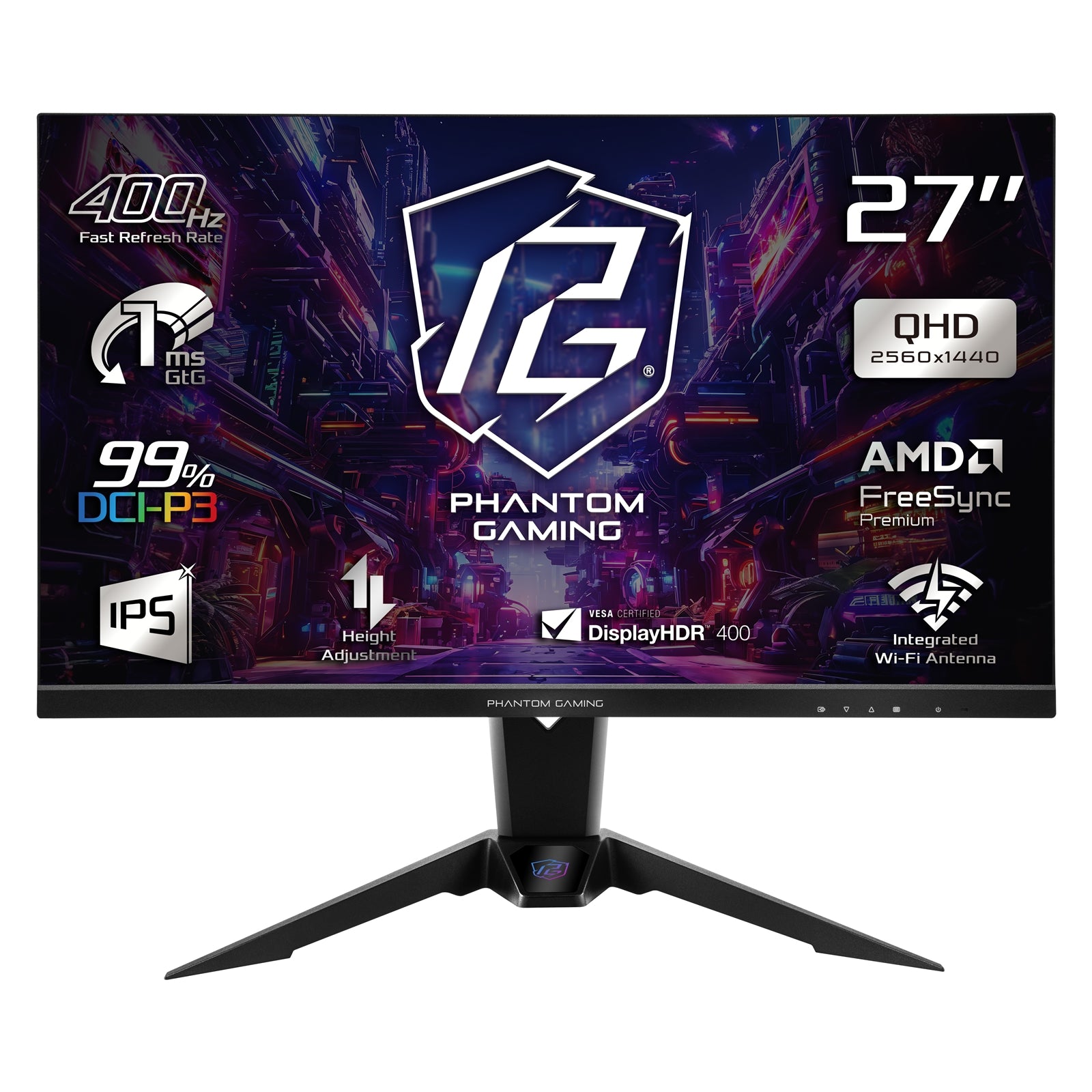 ASRock Phantom Gaming PG27QFW2A 27 Inch QHD (2560 x 1440) IPS Gaming Monitor, 400Hz 1ms (MPRT) Response Time, 2 x HDMI 2.0, 1 x DisplayPort 1.4, Height Adjustable