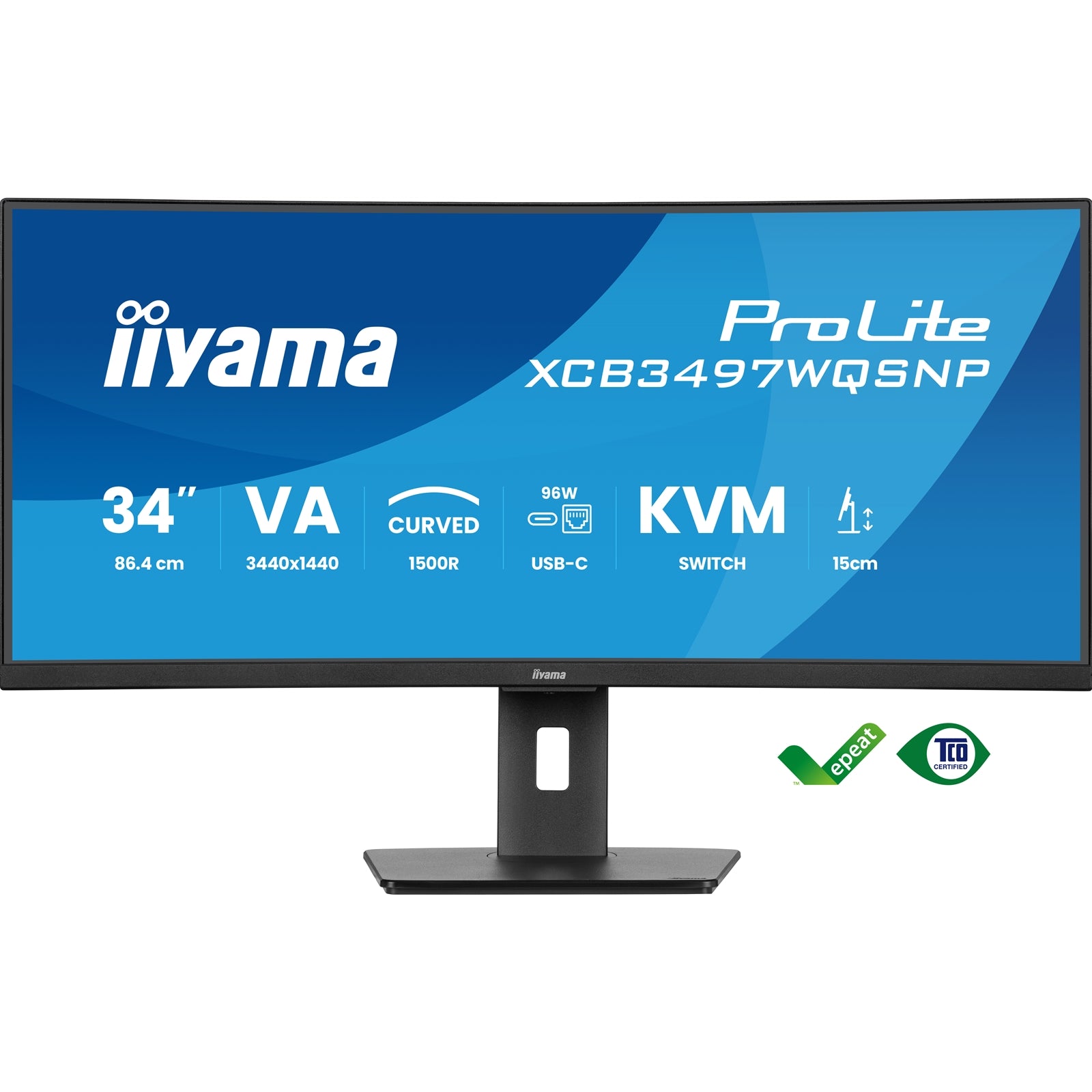 iiyama ProLite Curved Monitor XCB3497WQSNP-B1 34 Inch VA Ultra-Wide Screen with KVM Switch, LAN, USB-C Dock, 0.4ms, 120Hz, HDMI, DisplayPort, Speakers, Height Adjustment