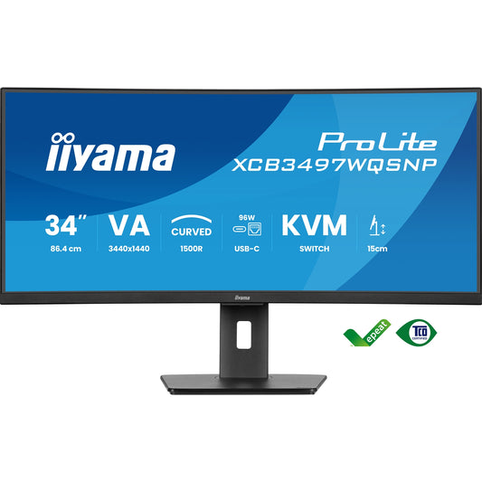 iiyama ProLite Curved Monitor XCB3497WQSNP-B1 34 Inch VA Ultra-Wide Screen with KVM Switch, LAN, USB-C Dock, 0.4ms, 120Hz, HDMI, DisplayPort, Speakers, Height Adjustment