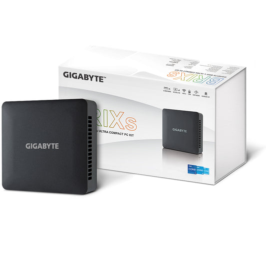 Gigabyte BRIX (GB-BRI7H-1355) Barebone Kit, Intel Core i7-1355U 5.0GHz 10 Core CPU, 2 x DDR4 SO-DIMM Slots, 1 x M.2 2280 Slot, 1x 2.5 Inch SATA Slot, Wi-Fi 6 & Bluetooth 5.2