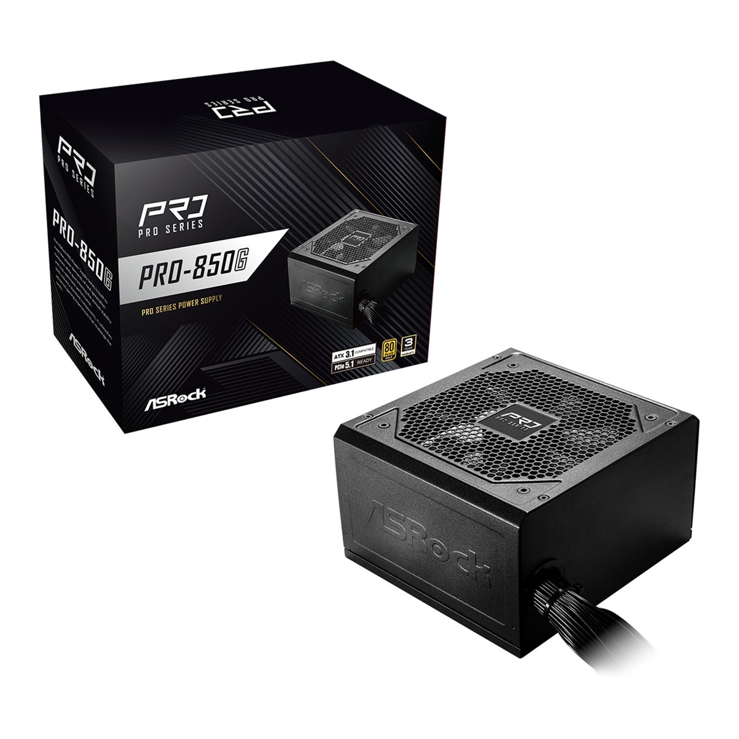 ASRock PRO-850G 850W ATX Power Supply Unit, 80 Plus Gold Certified, 120mm Silent Cooling Fan, High Efficiency PSU
