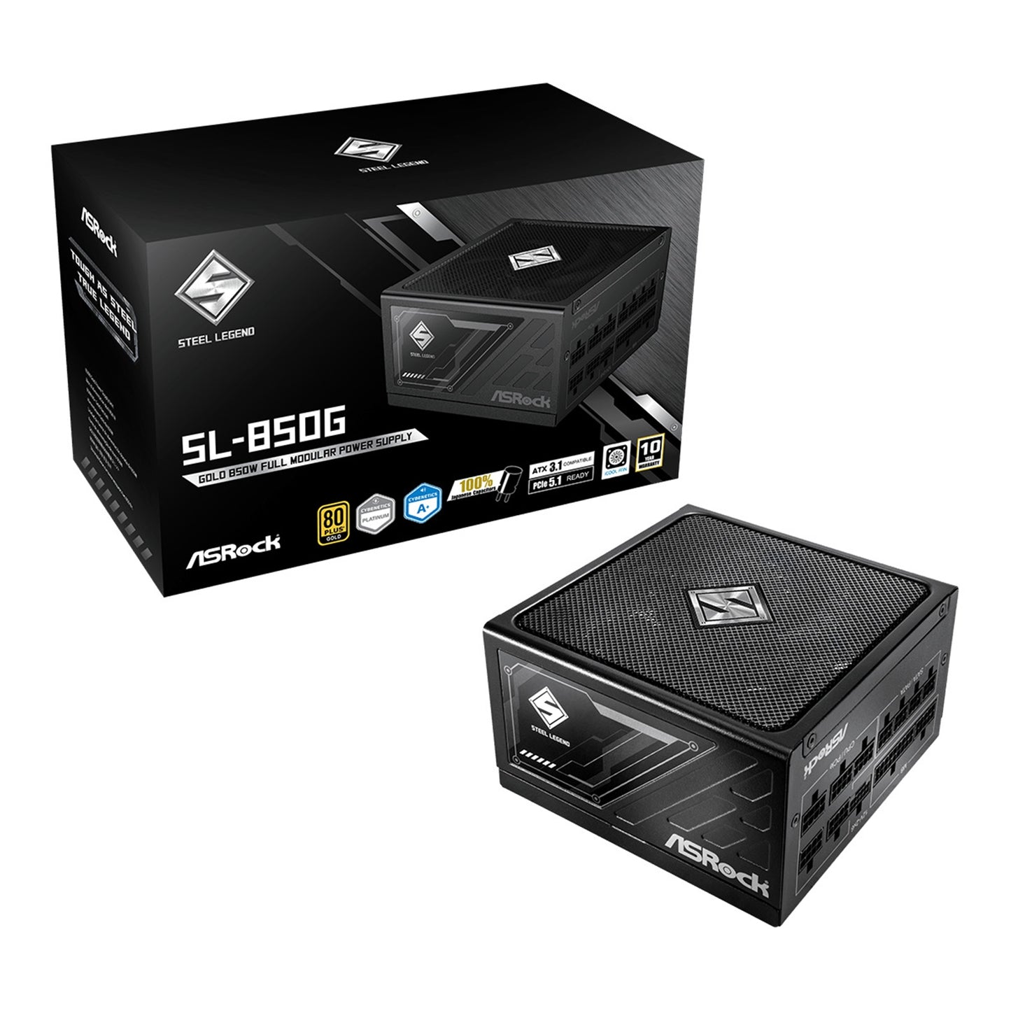 ASRock Steel Legend SL-850G 850W ATX Power Supply Unit, 80 Plus Gold Certified, 120mm Silent Cooling Fan, High Efficiency PSU