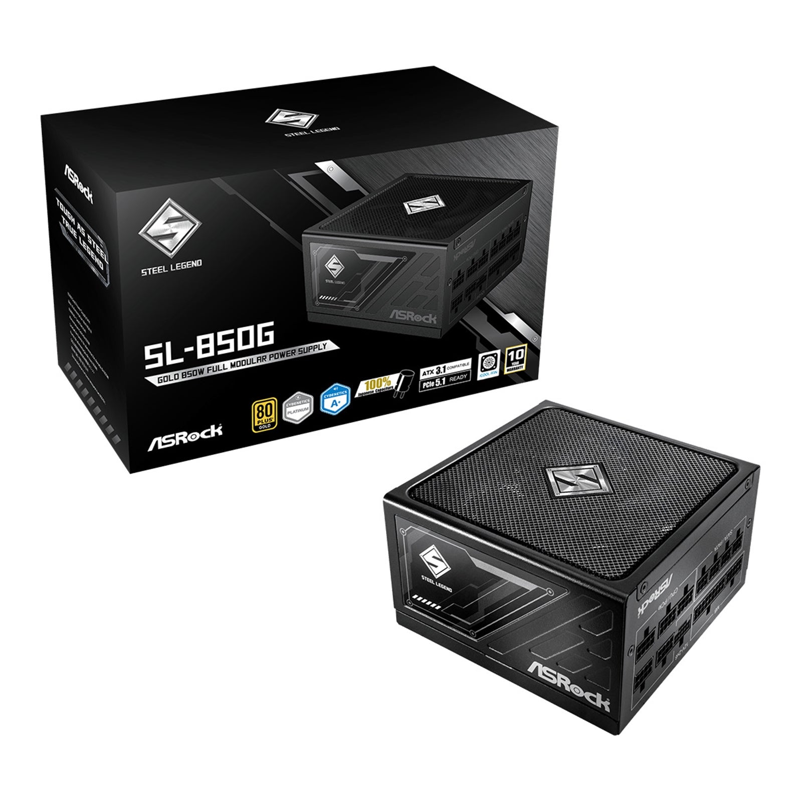ASRock Steel Legend SL-850G 850W ATX Power Supply Unit, 80 Plus Gold Certified, 120mm Silent Cooling Fan, High Efficiency PSU