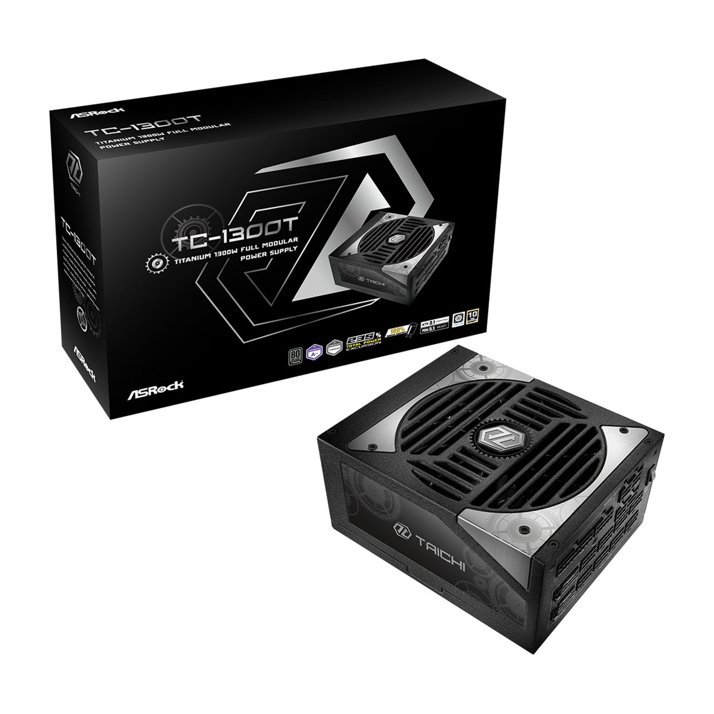 ASRock TC-1300T 1300W ATX, Power Supply Unit, 80 PLUS TITANIUM Certified. 135mm Striped Axial FDB Fan, High Efficiency PSU